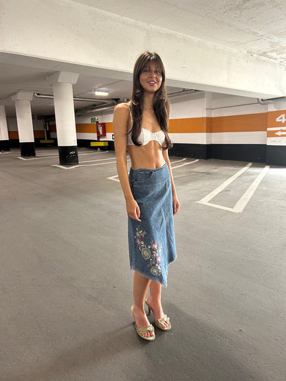 Embroidered Denim Midi Skirt