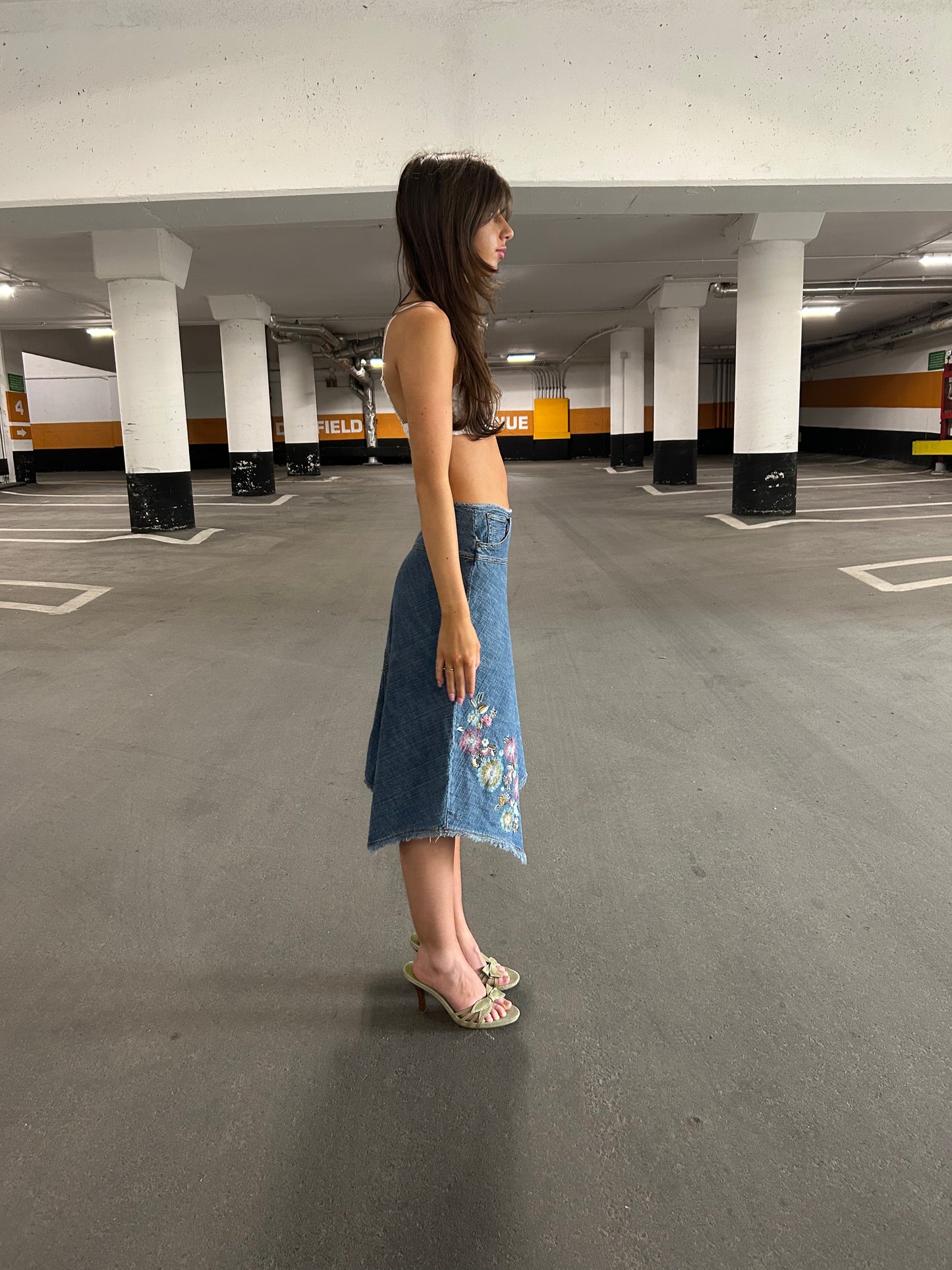 Embroidered Denim Midi Skirt