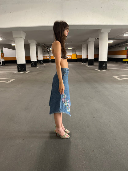 Embroidered Denim Midi Skirt