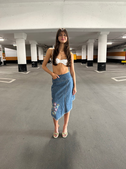 Embroidered Denim Midi Skirt