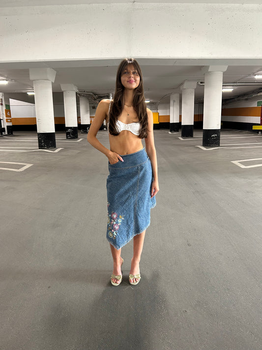 Embroidered Denim Midi Skirt
