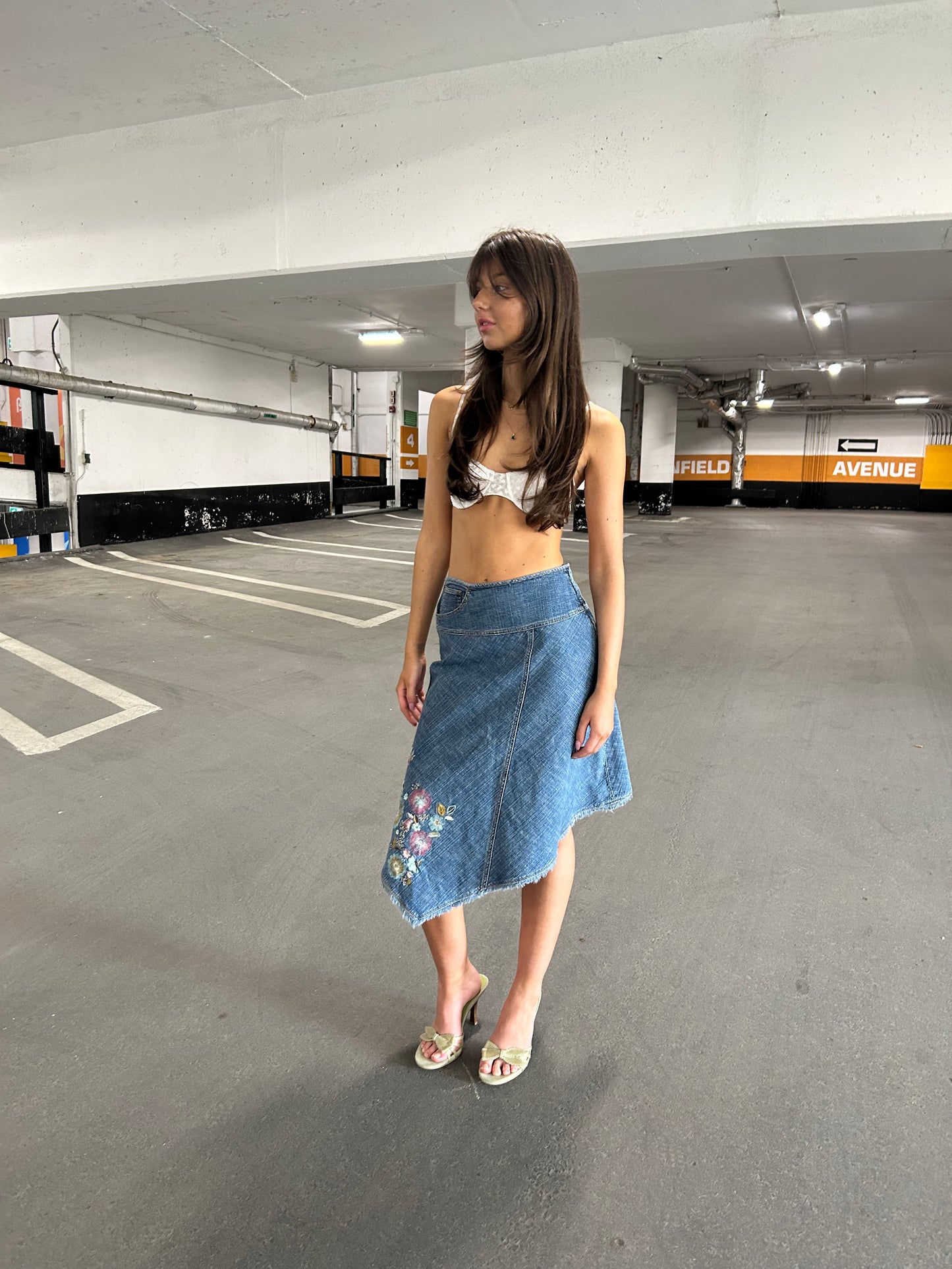 Embroidered Denim Midi Skirt