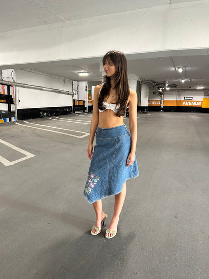 Embroidered Denim Midi Skirt