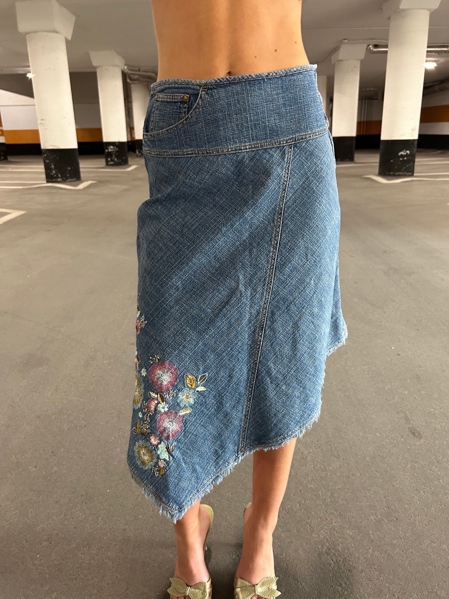 Embroidered Denim Midi Skirt