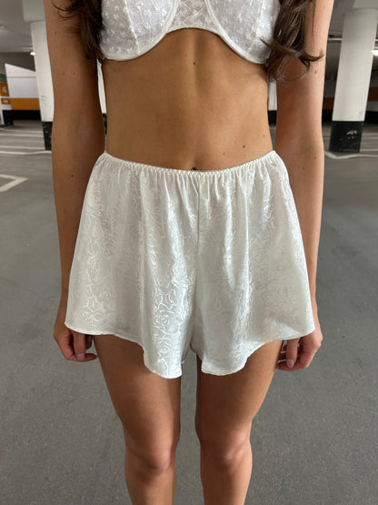 White floral silky shorts